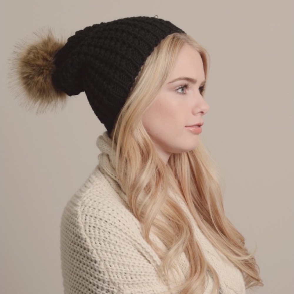 Black Textured Beanie with Faux Fur Pom Pom